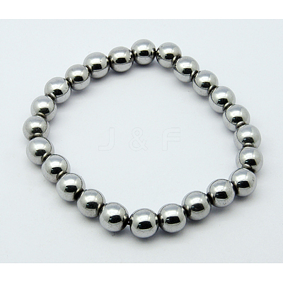 Round Synthetic Magnetic Hematite Stretch Beaded Bracelets BJEW-Q008-P-1