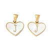304 Stainless Steel Pave Natural White Shell Heart with Initial Slice Pendants STAS-R168-25G-J-1