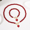 Plastic Imitation Pearl Beaded & Alloy Heart Pendant Necklaces & Charm Bracelet Sets for Women FS-WG63549-01-1