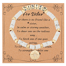 Olycraft Word Sister Synthetic Howlite & Brass Beaded Stretch Bracelet BJEW-OC0001-14