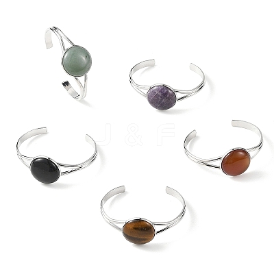 Natural Mixed Stone Flat Round Brass Cuff Bangles for Women BJEW-JB14353-1