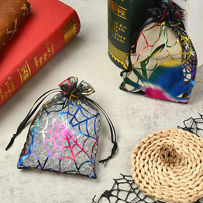 Halloween Theme Spider Printed Organza Drawstring Bags ABAG-WH20021-006F-1