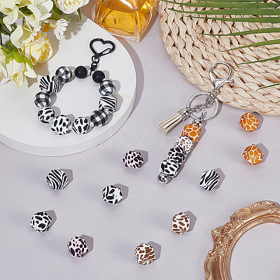 50Pcs 5 Styles Colorful Pattern Printed Silicone Focal Beads SIL-SP0001-24-1