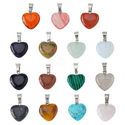 15Pcs 15 Styles Heart Gemstone Pendants G-FI0001-34-1
