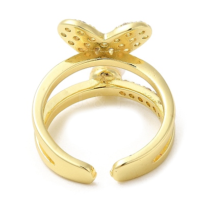 Rack Plating Brass Heart Open Cuff Ring with Cubic Zirconia RJEW-M151-03G-1
