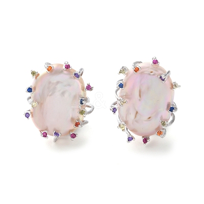925 Sterling Silver Natural Pearl Stud Earrings EJEW-M078-01P-1