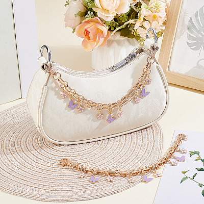 2Pcs Alloy Enamel Lilac Butterfly and Pink Flower Pendant Aluminum Bag Decorative Chains HJEW-BBC0001-38-1