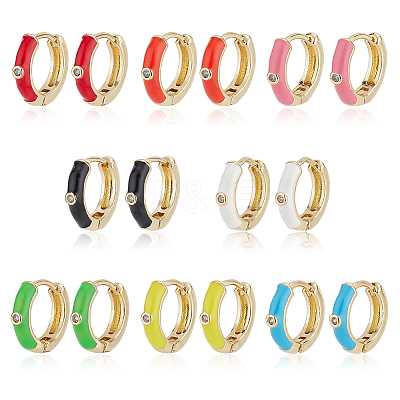 8 Pairs 8 Colors Real 18K Gold Plated Enamel Hoop Earrings with Clear Cubic Zirconia EJEW-AN0001-97-1