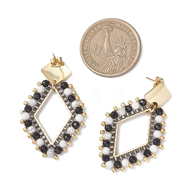 Rhombus Mixed Stone & Glass Seed Beads Dangle Stud Earrings EJEW-MZ00666-01-1