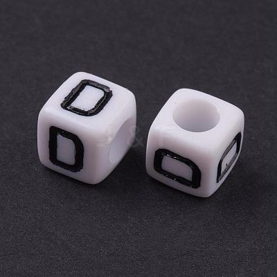 White Letter D Cube Acrylic Beads X-PL37C9308-D-1