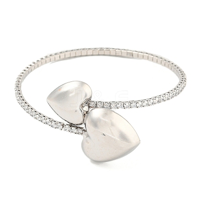 Rack Plating Brass Pave Clear Cubic Zirconia Heart Open Cuff Rings for Women BJEW-B110-04A-P-1