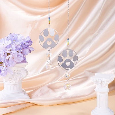2Pcs 201 Stainless Steel Paw Print Shape & Rainbow Crystal Glass Hanging Suncatcher HJEW-TA00447-1