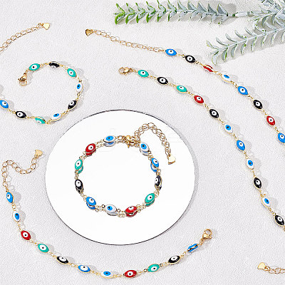 Brass Enamel Evil Eye Link Bracelets BJEW-NB0001-03-1