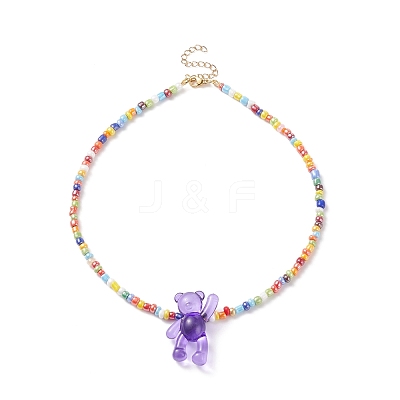 Acrylic Bear & Glass Seed Beaded Necklace for Women NJEW-JN03930-1