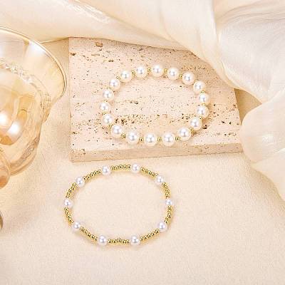 2Pcs 2 Styles ABS Plastic Imitation Pearl & Shell Pearl & Brass Beads Bracelets BJEW-SW01606-1