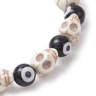 Halloween Dyed Synthetic Turquoise Skull & Lampwork Evil Eye Round Beaded Stretch Bracelets for Women Men BJEW-JB12268-01-1