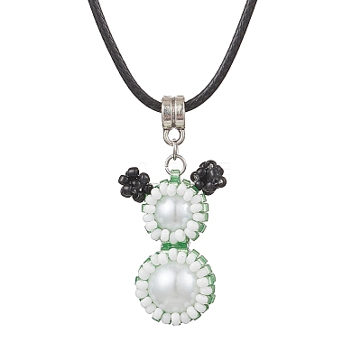 Glass Seed Beads & Glass Pearl Round Beaded Bear Pendant Waxed Cotton Cord Necklaces for Women Men NJEW-MZ00126-04-1