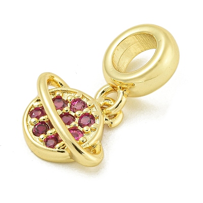 Rack Plating Brass Pave Hot Pink Cubic Zirconia Planet European Dangle Charms KK-Z067-37G-1