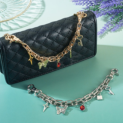 2Pcs 2 Styles Alloy & Glass Butterfly Star Key Charm Aluminum Chain Bag Decorative Chains HJEW-TAC0134-1