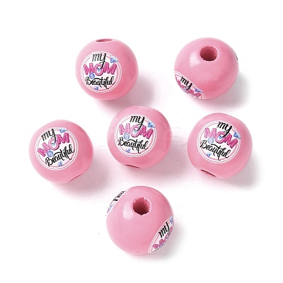 Mother's Day Theme Printed Wood European Beads WOOD-F016-09-1