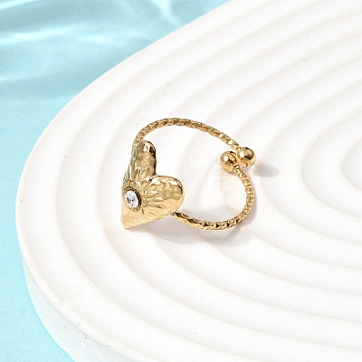 Texture Heart 304 Stainless Steel Rhinestone Cuff Open Finger Rings for Women LS-RJEW-A091-10G-1