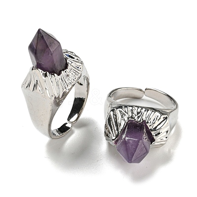 Hexagonal Prism Natural Amethyst Open Cuff Rings RJEW-B106-01P-04-1