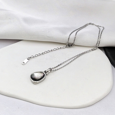 Natural Black Lip Shell 304 Stainless Steel Teardrop Pendant Necklaces for Women WGF5E8A-01-1