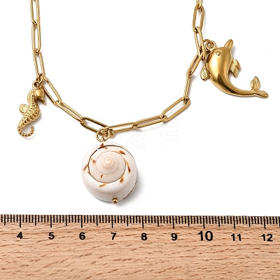 304 Stainless Steel Dolphin Sea Horse & Acrylic Pearl & Natural Shell Pendant Bib Necklaces for Women NJEW-G181-03G-1