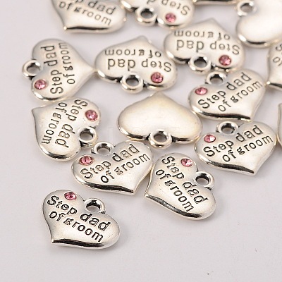 Wedding Theme Antique Silver Tone Tibetan Style Alloy Heart with Step Dad of Groom Rhinestone Charms TIBEP-N005-23B-1
