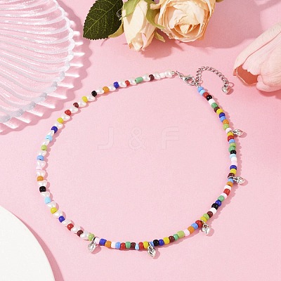 Bohemian Round Glass Seed Beaded Necklaces with Antique Silver Tone Alloy Heart Charms NJEW-JN05216-1