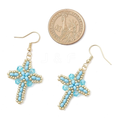 304 Stainless Steel Glass Seeds Cross Dangle Earrings EJEW-MZ00506-06-1