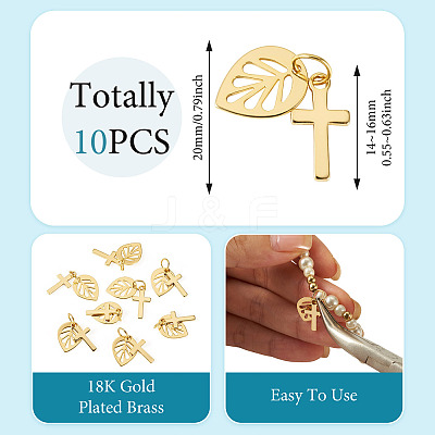10Pcs Cross with Leaf Brass Pendants PALLOY-TAC0273-1