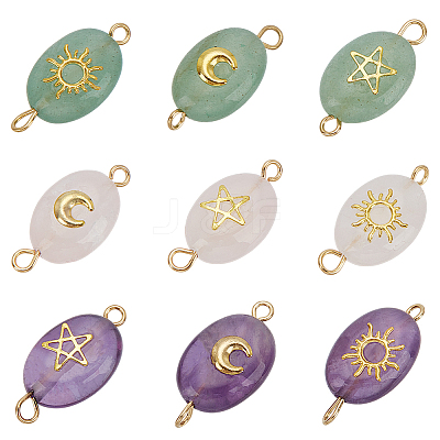 18Pcs 9 Styles Natural Green Aventurine & Amethyst & Rose Quartz Connector Charms PALLOY-HY00037-1