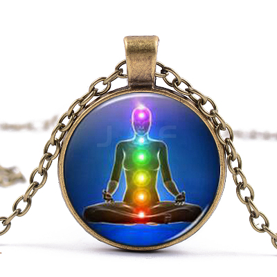 Chakra Theme Yoga Human Glass Pendant Necklace CHAK-PW0001-022B-1