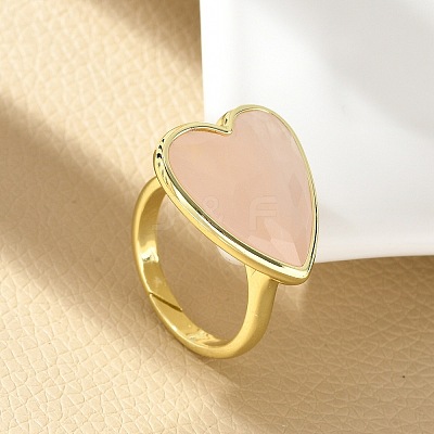 Heart Brass Natural Rose Quartz Finger Rings X-RJEW-D304-01G-B-1