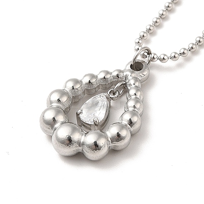 Clear Cubic Zirconia Teardrop Pendant Necklace with 304 Stainless Steel Ball Chains for Women LS-NJEW-H162-01P-1