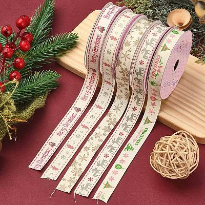 5 Rolls 5 Patterns Single Face Printed Cotton Satin Ribbons OCOR-YW0001-04-1