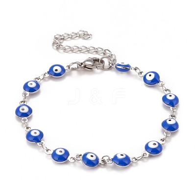 Enamel Oval with Evil Eye Link Chains Bracelet BJEW-P271-04P-04-1