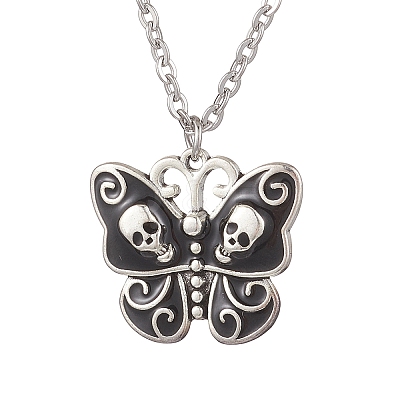 Alloy Enamel Halloween Skull Butterfly Pendant 304 Stainless Steel Cable Chain Necklaces NJEW-JN05446-1