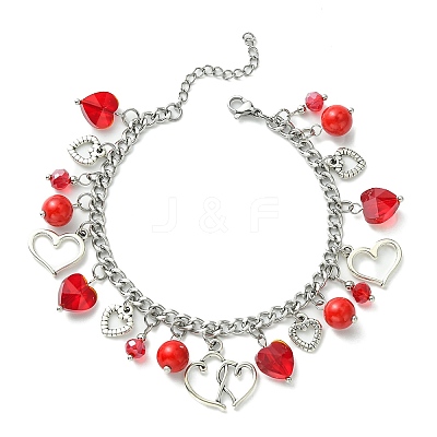 Tibetan Style Alloy & Glass Heart Charm Bracelet with 304 Stainless Steel Curb Chains for Valentine's Day BJEW-TA00311-1