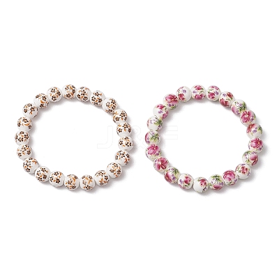 2Pcs Handmade Flower Printed Porcelain Ceramic Beaded Stretch Bracelets BJEW-JB11910-1