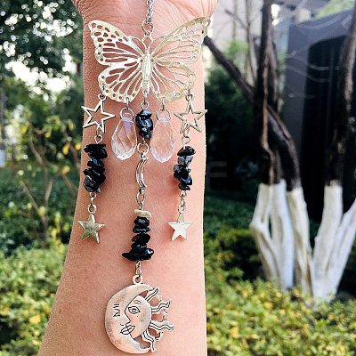Natural Snowflake Obsidian Butterfly Hanging Suncatcher Pendant Decoration DJEW-PW0008-19-30-1