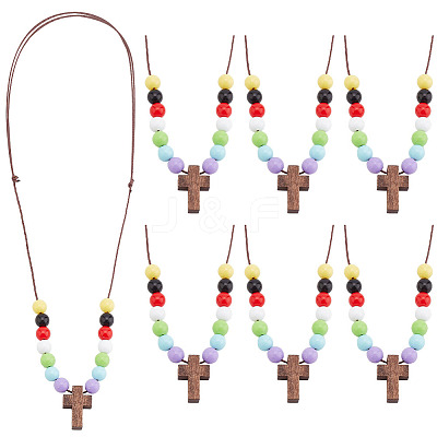 Wood Cross with Acrylic Beaded Pendant Necklaces for Women NJEW-AB00012-1