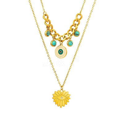 304 Stainless Steel Enamel Evil Eye Heart Pendant Double Layer Necklaces with Synthetic Turquoise for Women WGD59F3-01-1