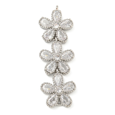 Brass Pave Clear Cubic Zirconia Three Flower Links Connector Charms KK-P277-51P-1