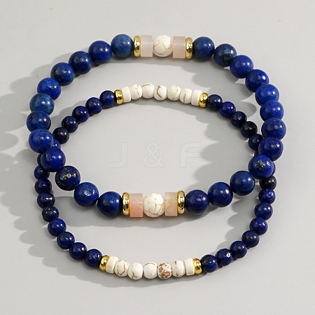 2Pcs Lapis Lazuli & Howlite Beaded Stretch Bracelet Sets for Men CX6639-3-1