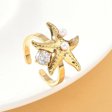 304 Stainless Steel Micro Pave Cubic Zirconia Plastic Pearl Cuff Rings RJEW-D310-02A-G-1