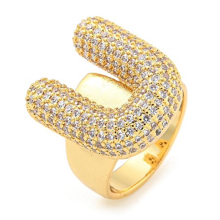 Brass Micro Pave Clear Cubic Zirconia Letter Open Cuff Ring for Women RJEW-M173-01G-U-1