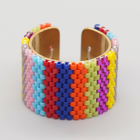 Adjustable Bohemian Style 304 Stainless Steel and Glass Seed Beads Cuff Rings FS-WG09053-08-1