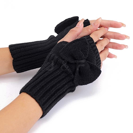 Acrylic Fibers Bowknot Knitting Fingerless Gloves PW-WG73400-01-1